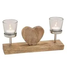 Dřevěný svícen na dvě čajové svíčky HEART 28x16x7 cm