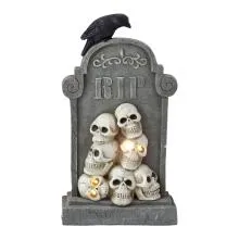 Halloweenská dekorace náhrobek RIP s lebkami a havranem 35x13x61 cm