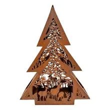 Hnědý kovový vánoční stromek s prořezávaným lesním motivem 62x18x79 cm