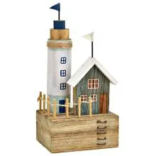 Dekorativní dřevěný maják s domkem 14x26x10 cm