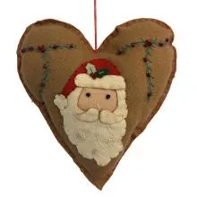 Hnědá plstěná vánoční ozdoba srdce se Santou 15×3×18 cm