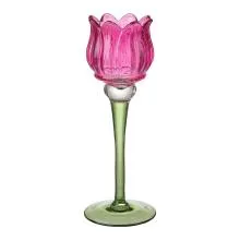 Růžový skleněný svícen na čajovou svíčku ve tvaru tulipánu