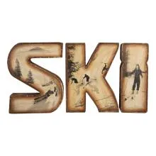 Dřevěná nástěnná dekorace SKI s vintage motivy lyžařů 75×10×39 cm