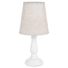 Bílá dřevěná stolní lampa s béžovým textilním stínidlem