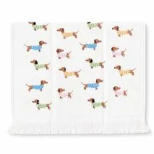 Bílý kuchyňský ručník Playful Pup Parade s jezevčíky